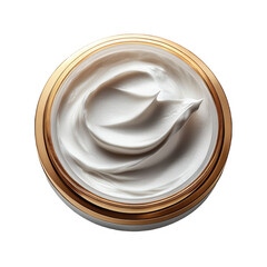 Top view of luxurious face cream in gold jar for skincare anti aging use on transparent background