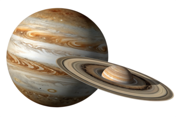 A cosmic rendering showcasing jupiter and saturn with their distinct atmospheric bands and ring system