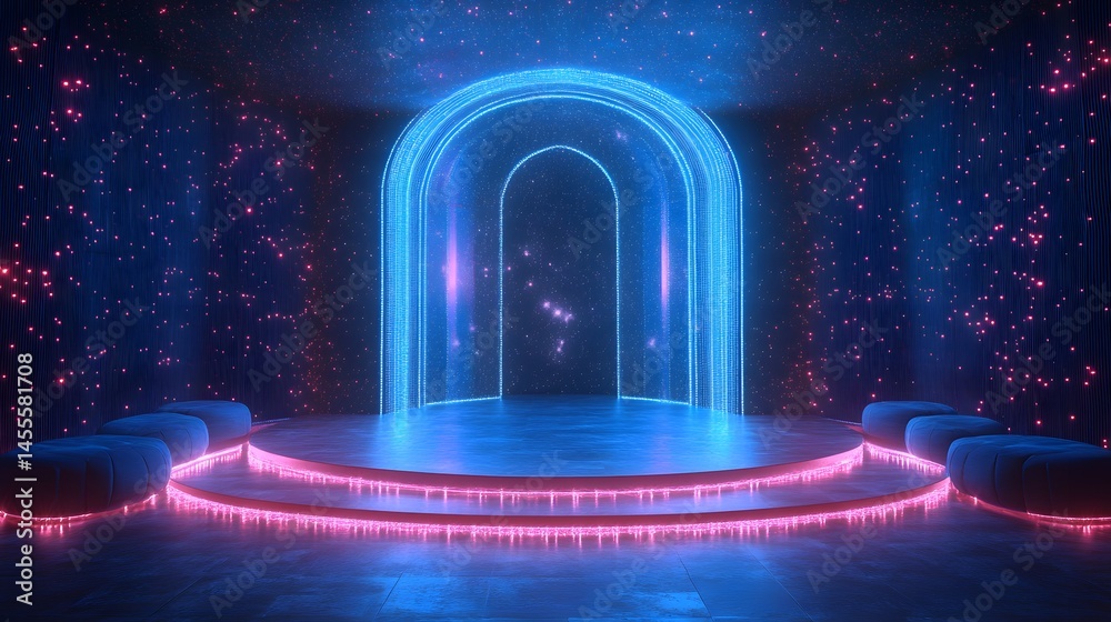 Poster futuristic neon stage with a glowing blue archway and pink-lit platform, creating a surreal, sci-fi 