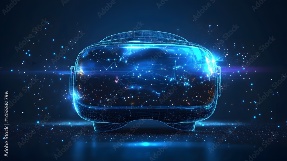 Leinwandbilder Futuristic VR headset wireframe glows, showcasing interconnected digital networks against a deep blue backdrop. Abstract Digital low-poly wireframe connected dots in dark blue.