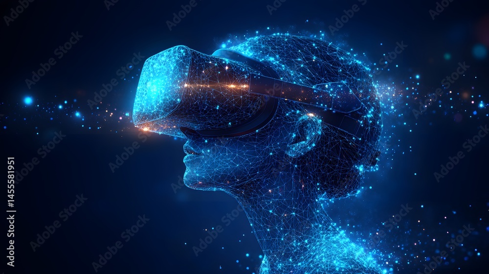 Poster Futuristic VR user immerses in virtual reality. Glowing blue network of connected lines on dark blue. Abstract Digital low-poly wireframe connected dots in dark blue.