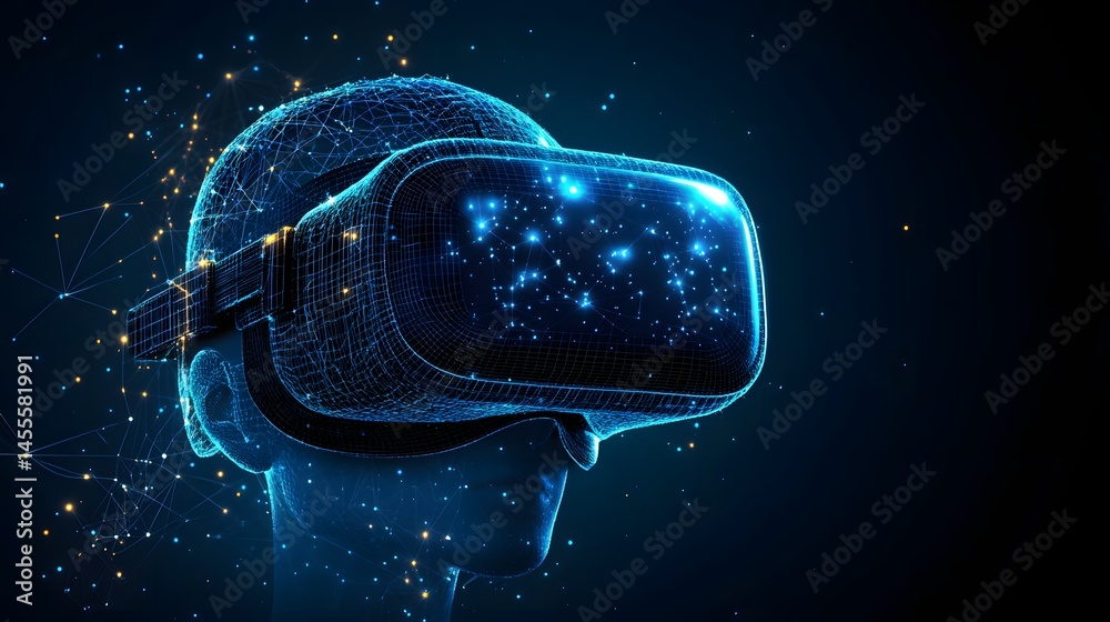 Poster futuristic vr concept. a digital head wears a glowing headset, immersed in a virtual starry world. a