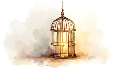 Obraz premium Empty birdcage watercolor, open door symbolism, soft brown and gray, translucent bars, forgotten light, minimalist freedom concept.