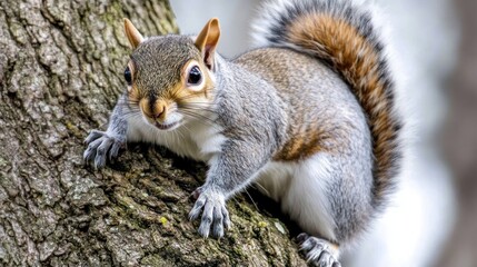 Obraz premium Gray squirrel climbing tree with bushy tail