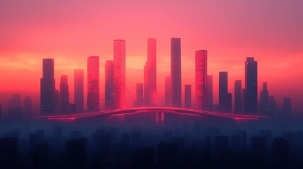 Fototapeta premium Sunset Over Urban Skyline with Vibrant Colors and Silhouetted Towers