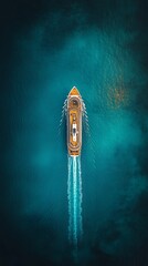 A cruise ship sailing on the deep teal ocean, seen from above.  A smooth,  golden-yellow hull cuts a white wake through the water