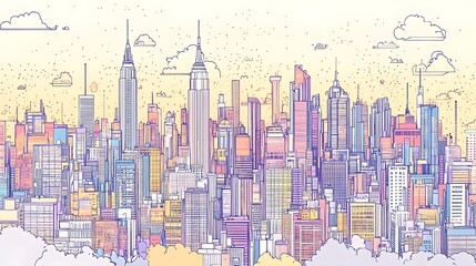 An artistic cityscape skyline with pastel colors and stylized details