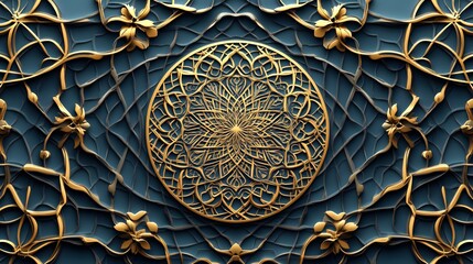 Ornate gold circular design on a dark blue background.