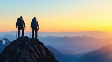 Fototapeta premium Adventurers Overlooking Scenic Mountain Landscape at Sunrise