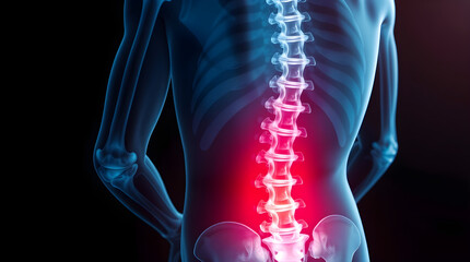 Human skeleton showing lumbar pain and spinal cord injury