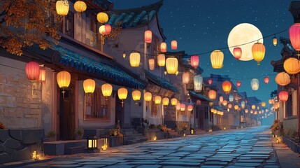 Obraz premium Enchanting Nightscape of a Chinese Town Illuminated by Festive Lanterns Under a Full Moon