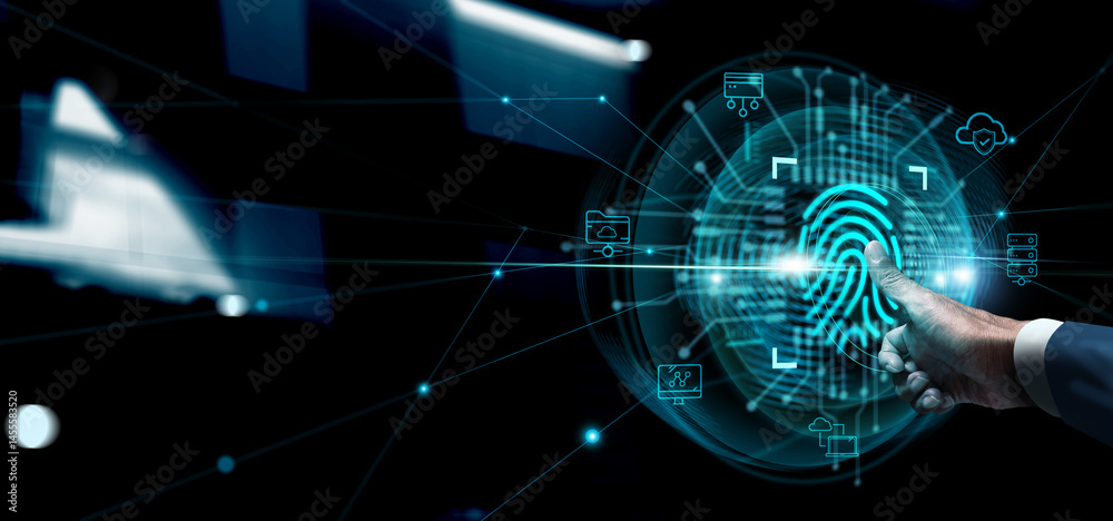 Aufkleber businessman and fingerprint scanning unlock and access to business data network. cloud privacy, biom