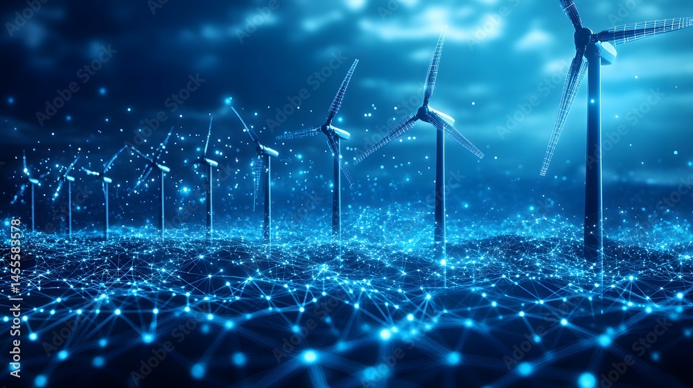Poster futuristic wind turbines glow against a dark sky, interconnected on a digital landscape. renewable e