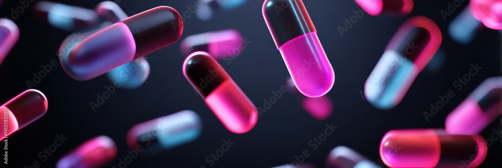Leinwandbilder neon glow capsules float in a dark medical-themed background, creating a vibrant and modern ambiance
