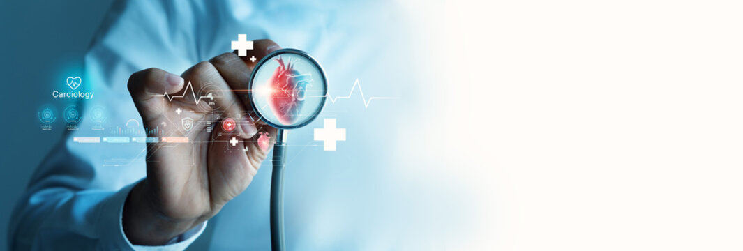 Cardiologist doctor hand using stethoscope examine patient heart functions and blood vessel. Medical technology and hospital care treatment for heart disease and vascular disorder preventive.