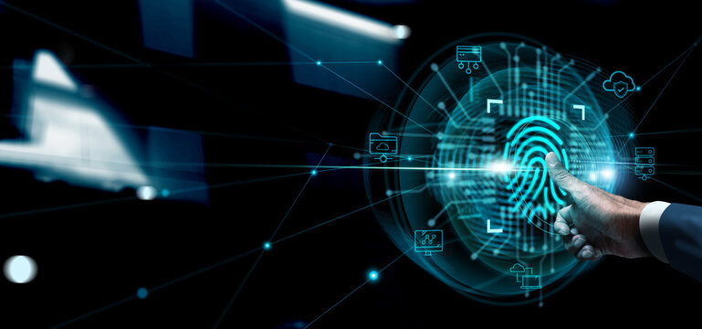 Businessman and fingerprint scanning unlock and access to business data network. Cloud Privacy, Biometric identification and cyber security protect business transaction from attack online digital