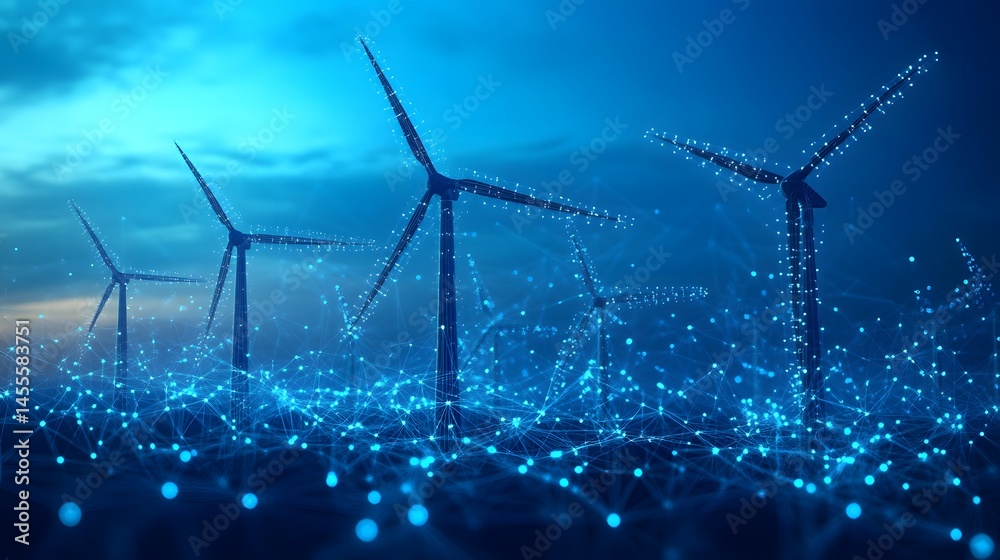 Poster futuristic wind turbines stand silhouetted against a gradient sky, linked by glowing blue lines, sym