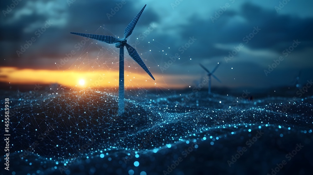 Poster Dramatic sunset over wind turbines connected to a digital network, symbolizing renewable energy and data integration. A futuristic vision of sustainable technology. Abstract Digital low-poly wireframe