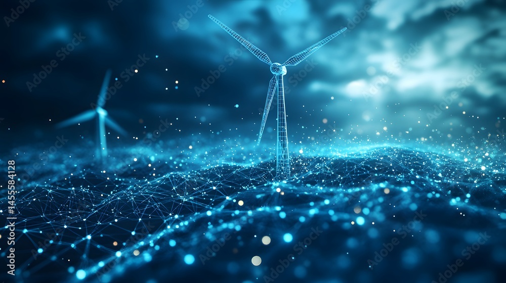 Poster futuristic blue scene with wireframe wind turbines and interconnected dots. a modern, technological 