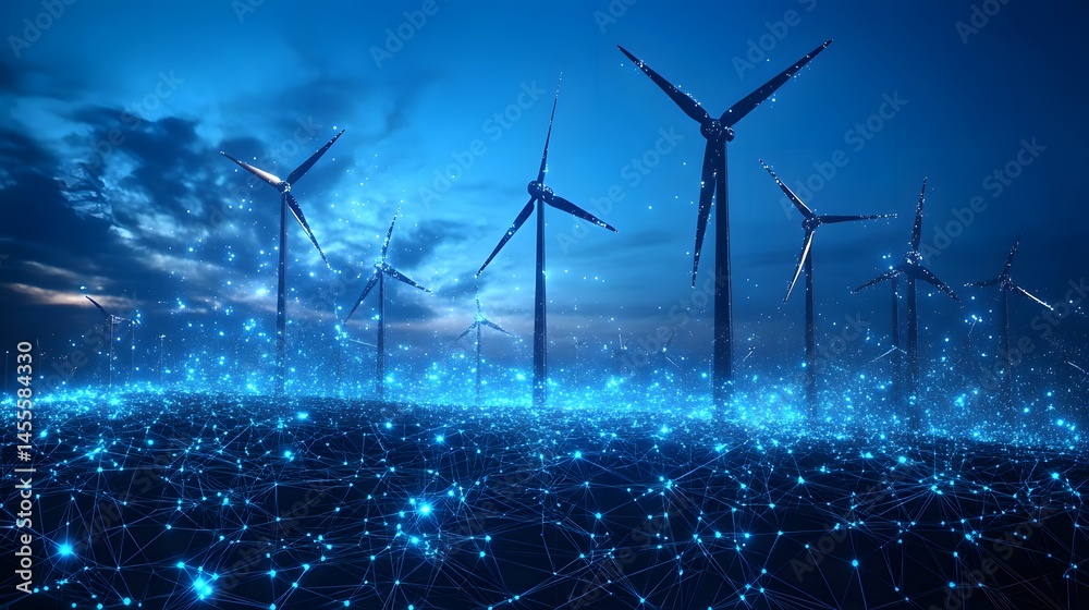 Poster futuristic wind turbines harness clean energy with advanced digital grid. sustainable power meets mo