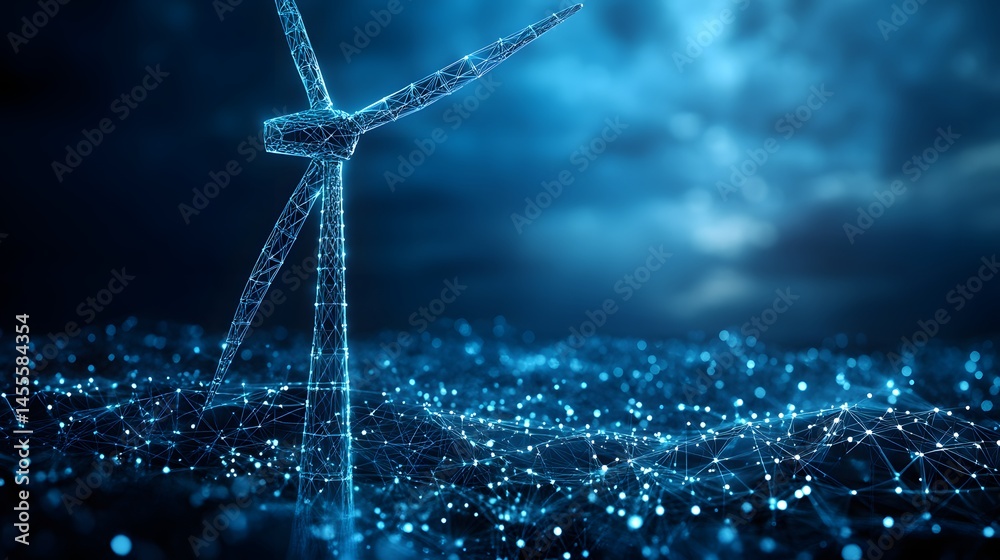 Aufkleber futuristic wind turbine powered by glowing blue energy, set against a stormy sky. a digital landscap