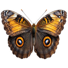 Close up of owl butterfly wings with detailed patterns and vibrant colors on transparent background