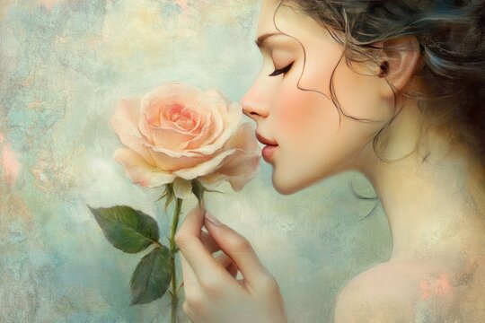 close-up of a woman smelling a rose, dreamy background, gentle expression