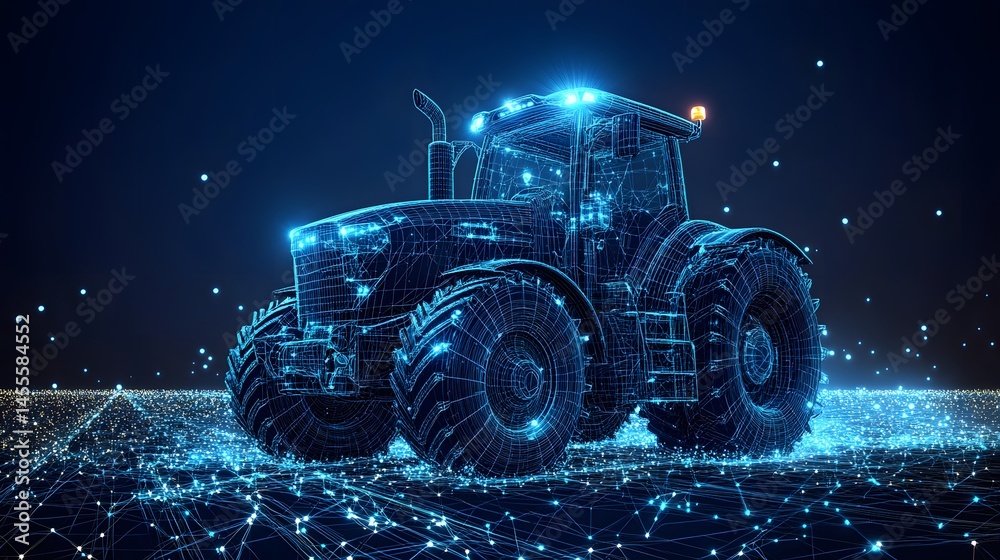 Poster futuristic tractor blueprint glows against a dark, digital landscape. a vision of smart farming and 