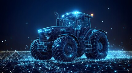 Futuristic tractor blueprint glows against a dark, digital landscape. A vision of smart farming and technology meets agriculture. Abstract Digital low-poly wireframe connected dots in dark blue.