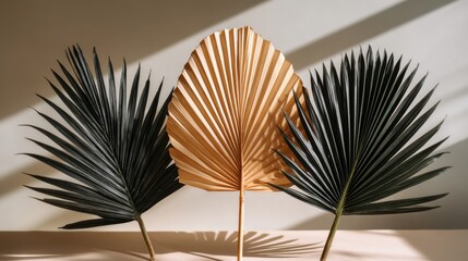 Dried Palm Leaf Arrangement on Beige Background with Natural Lighting and Shadow Play