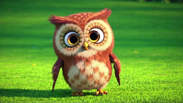 "A cute 3D cartoon owl with big round eyes and soft fluffy feathers speaking 