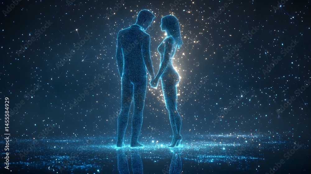 Aufkleber a luminous couple, formed of sparkling starlight, holds hands against a cosmic backdrop. a reflectiv