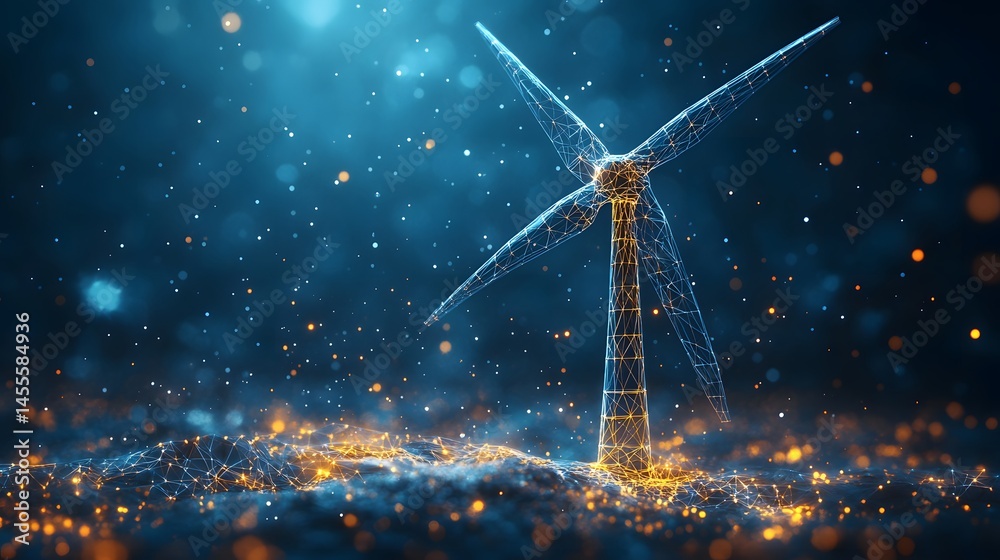 Aufkleber futuristic wind turbine rendered as a glowing wireframe. energy of tomorrow, today. abstract digital