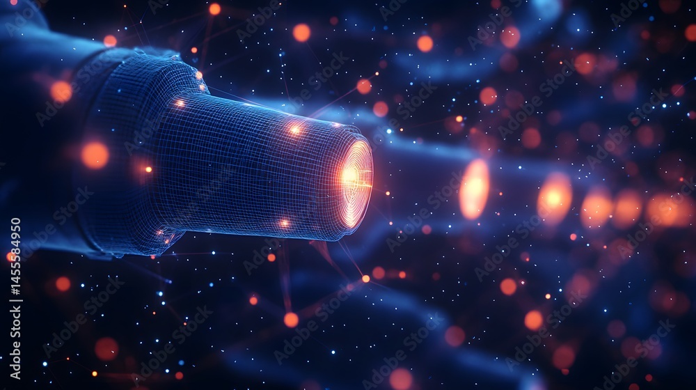 Poster Futuristic technology concept with glowing particles and a blue wireframe structure emitting orange light. Abstract Digital low-poly wireframe connected dots in dark blue