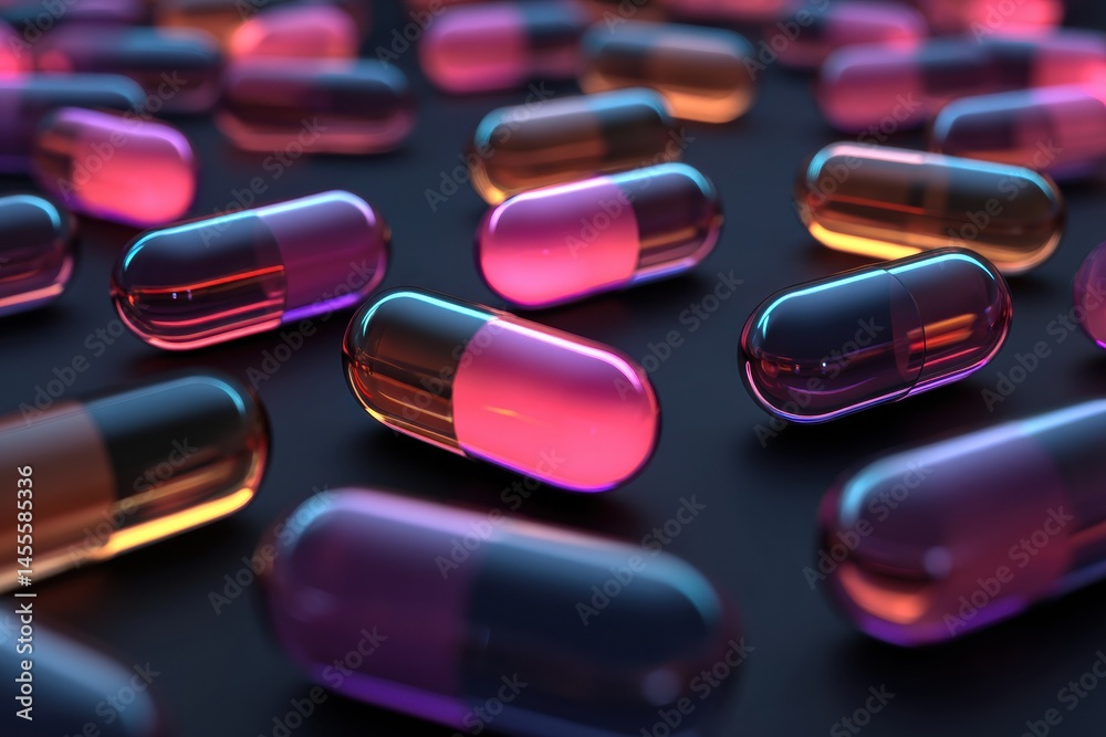 Aufkleber floating neon glow capsules create a vibrant display in a dark medical-themed background filled with