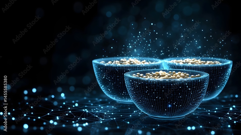 Poster wireframe bowls hold golden grains, bathed in a digital glow. a modern still life with an ethereal t