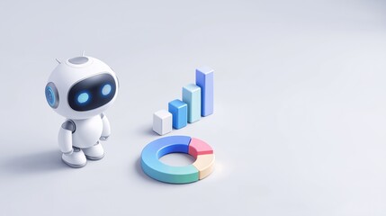 Cute Robot with Bar and Pie Charts – 3D Illustration Concept