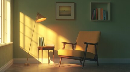 Contemporary living room corner with an armchair, floor lamp, and side table with books, soft natural lighting 