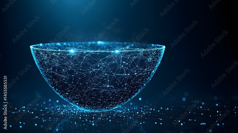 Fototapete Futuristic digital bowl, glowing blue network of connected lines and nodes against a dark gradient background, an engaging technology-themed visual. Abstract Digital low-poly wireframe connected dots