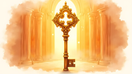 Antique key in warm watercolor, gothic details, golden hues, soft orange background, spiritual symbolism, ethereal glow, sacred access, muted tones, delicate brushstrokes, vintage charm.