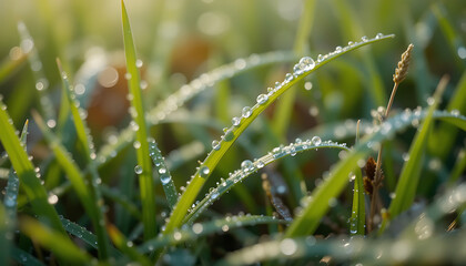 Grass with Dew Drops in Morning Light