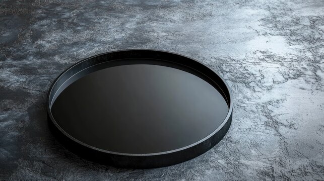 Black empty round tray on dark textured surface