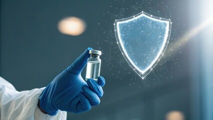 Medical professional holding a vaccine vial with a protective shield graphic.