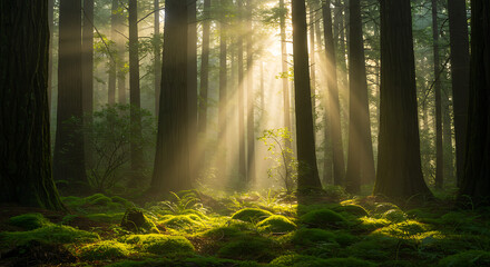 Obraz premium Magical forest bathed in golden sunlight mystical morning atmosphere serene nature scene