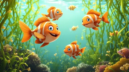 Fototapeta premium Cartoon Fish Swimming in Seaweed Forest