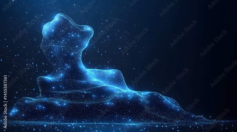 Poster Abstract digital art showcases a luminous blue wireframe structure with glowing points against a dark blue backdrop. Abstract Digital low-poly wireframe connected dots in dark blue