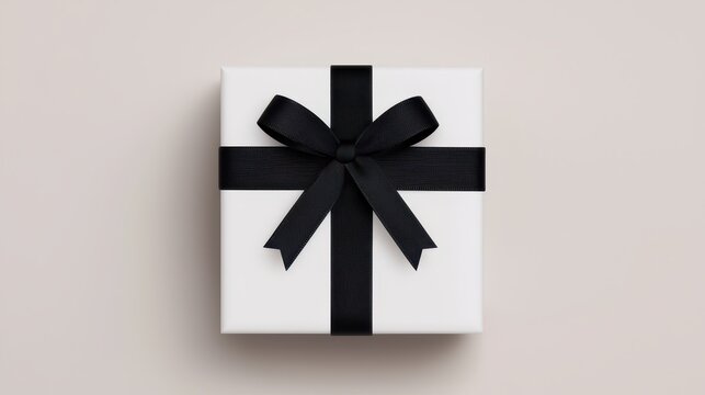Elegant White Gift Box with Black Ribbon on Simple Background