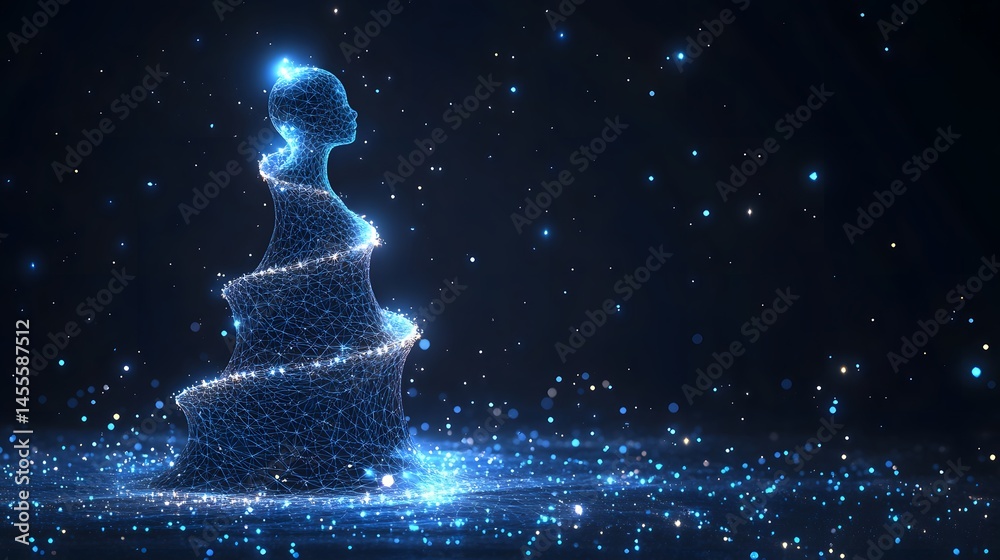 Poster ethereal figure rendered with interconnected blue lines, surrounded by sparkling lights against a de