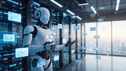 A humanoid robot interacts with floating digital data in a modern server room, representing artificial intelligence and advanced technology.