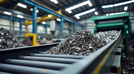 Shredded metal pieces on a conveyor belt inside an industrial facility, showcasing metal recycling and processing machinery in a modern factory setting.
